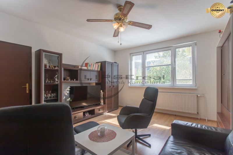 Living room in a three-room apartment with a wooden decor floor and a ceiling fan.
