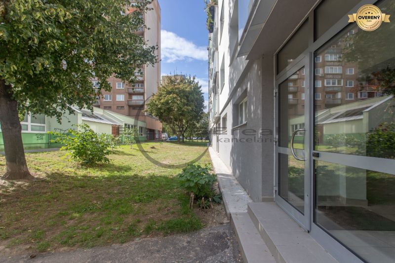 Apartment building in Devínska Nová Ves on Eisnerova Street, Bratislava, with a grassy area and trees.