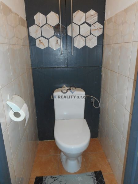 Bathroom with toilet and dark cabinets in a 2-room apartment.