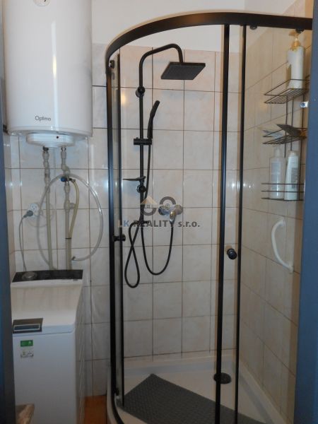 Bathroom in a 2-room apartment with a glass shower enclosure and a washing machine.