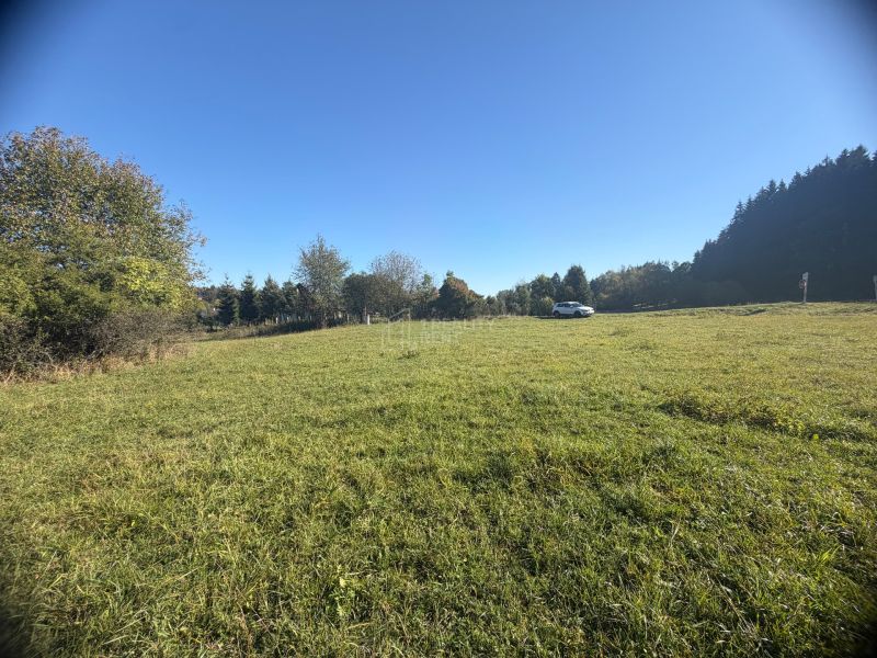 Residential plots in Podvysoká, a green meadow with a car in the background, surrounded by trees.