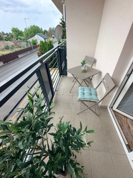 The balcony of a 3-room apartment with a plant and furniture overlooking Veľkoblahovská Road in Dunajská Streda.