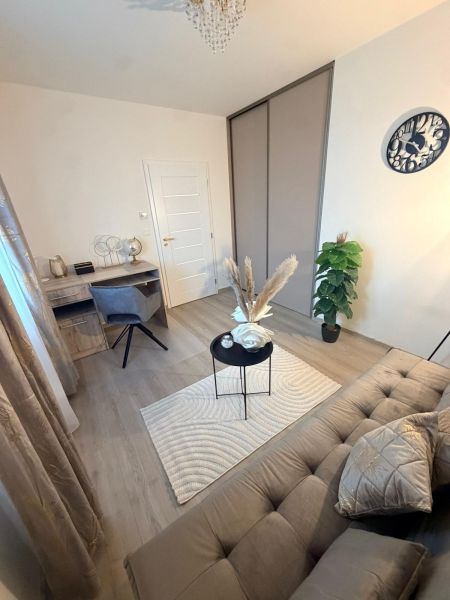 A room in a 3-room apartment with a wooden decor floor, a desk, and decorations.