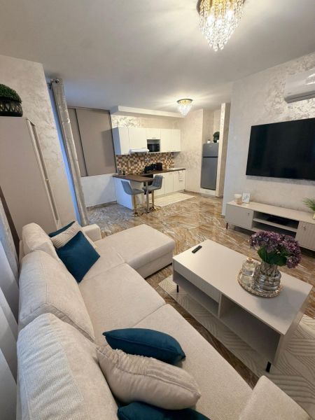 Living room in a 3-room apartment with a comfortable sofa and a kitchenette.
