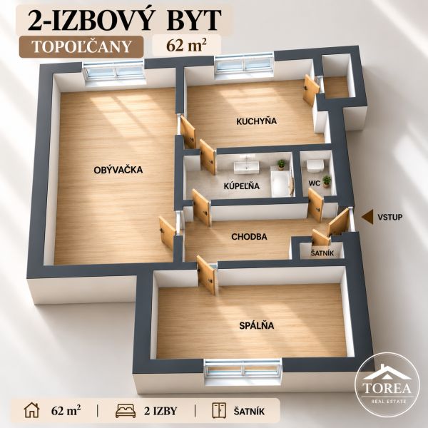 Floor plan of a 2-room apartment in Topoľčany with wood-patterned flooring.