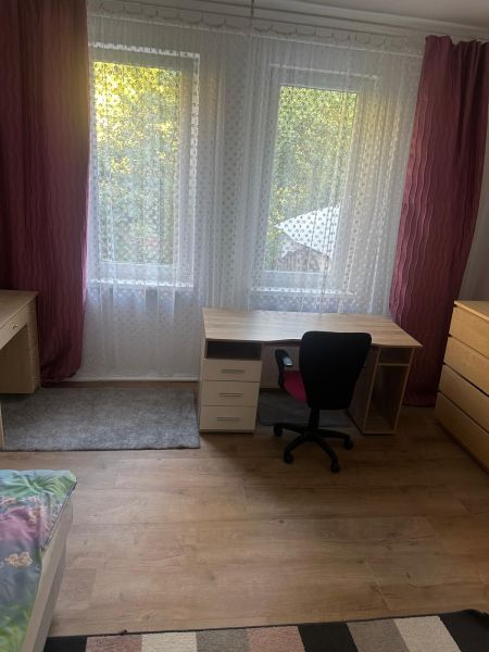 A room with wooden decor, a desk, an office chair, and a drawer cabinet.