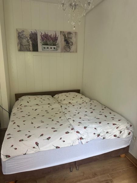 Bedroom with a double bed in a 3-room apartment, floor with wood decor, hanging chandelier.