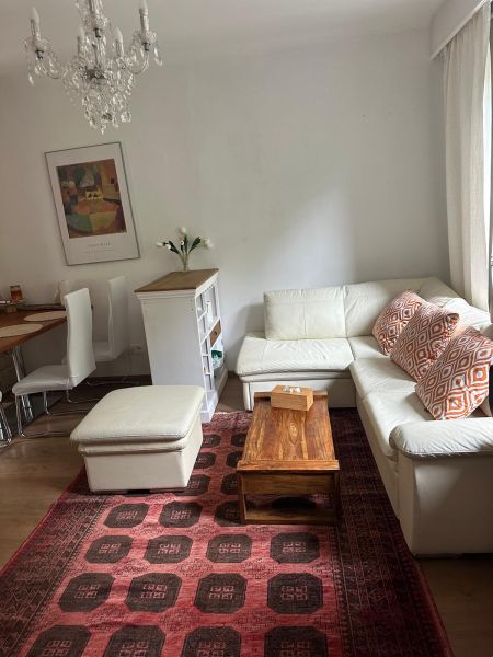 Living room in a three-room apartment with a white sofa and a red patterned carpet.