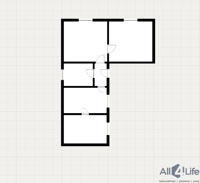 Floor plan of a family house with five rooms, showing individual rooms and doors.