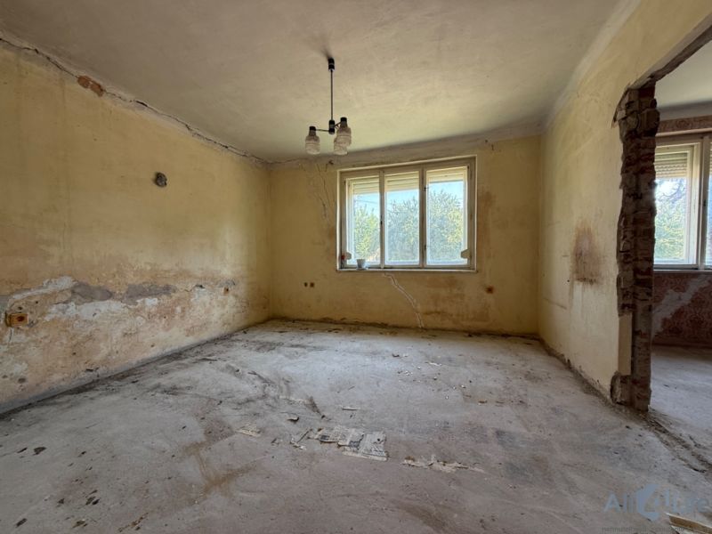 A room in a family house with a window, peeling plaster, and an unfinished floor.