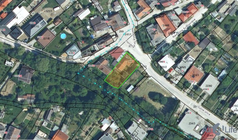 A map of plots on St. Florian Square in Krakovany shows the layout of family houses.