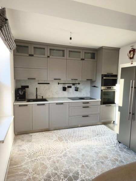 A kitchen in a family house with gray cabinets and a patterned rug on a wood-decorated floor.