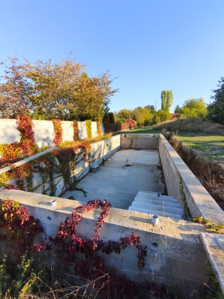 An unfinished pool surrounded by greenery and climbing plants near a family house in Zlaté Moravce.