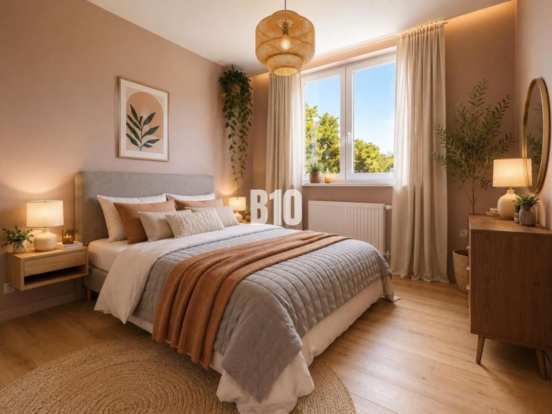 Bright bedroom in a family house with nature-themed decor and wooden-patterned flooring.