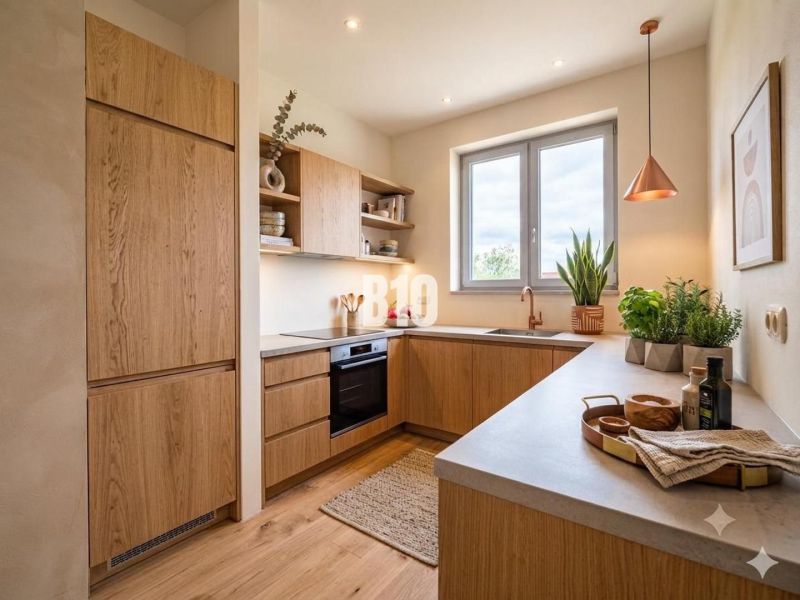 A kitchen in a family house with wooden decor, modern appliances, and lots of greenery.