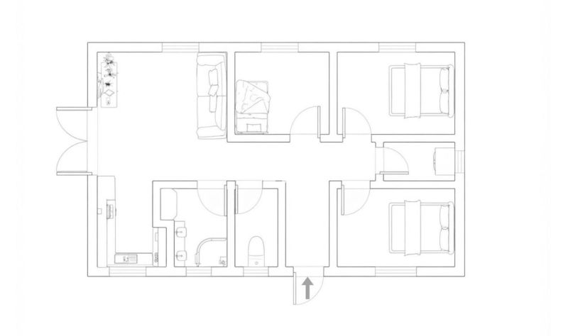 Floor plan of a family house in Čeľadice with three bedrooms and a living room.