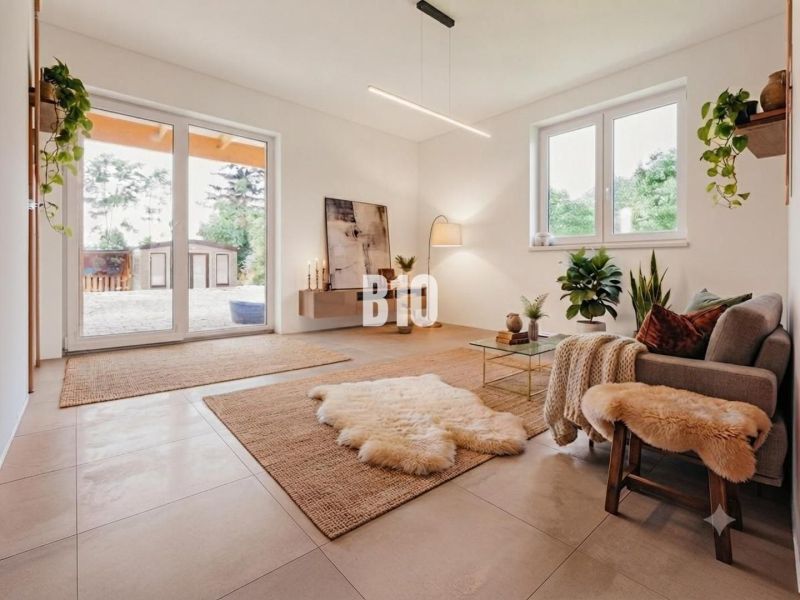 Living room in a family house with plants, large windows, and pleasant lighting.