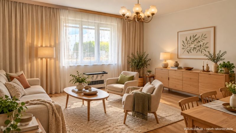 Living room with wood-patterned flooring in a family house. Elegant furniture and decorations.