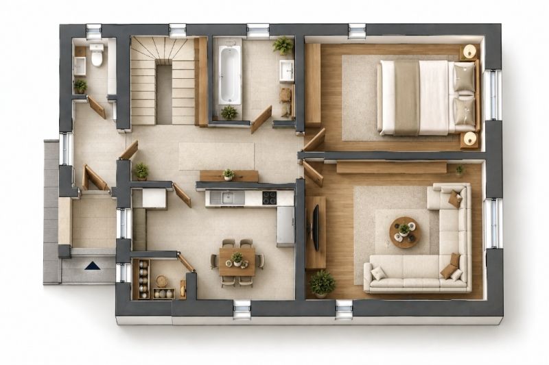 The floor plan of the family house shows a living room, bedroom, kitchen, and bathroom.