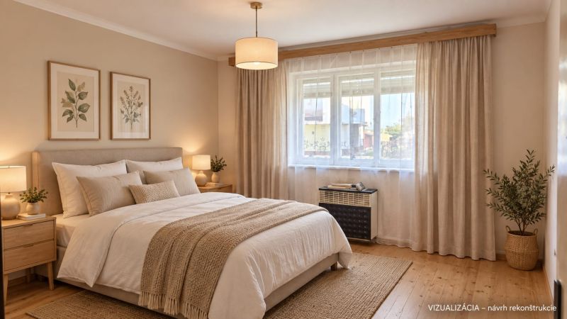 Bright bedroom with a comfortable bed, plants, and decorations in a family house.