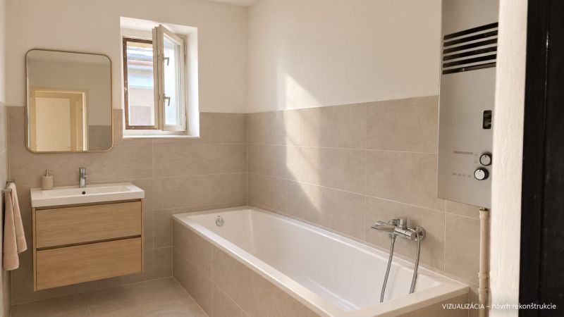 A bathroom in a family house with a bathtub, mirror, and window, with a wooden decor floor.