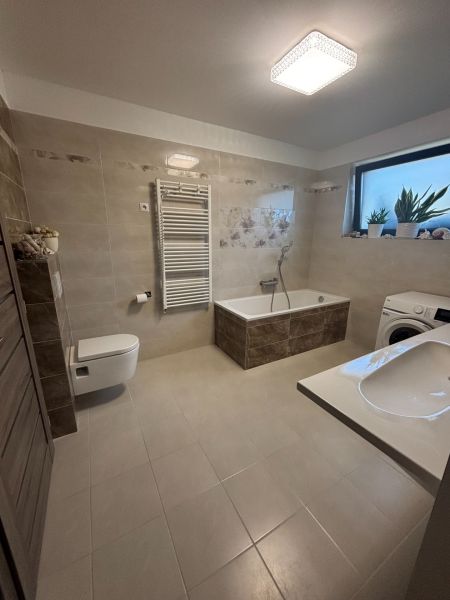 A bathroom in a family house with a bathtub, a sink, a washing machine, and decorative plants.