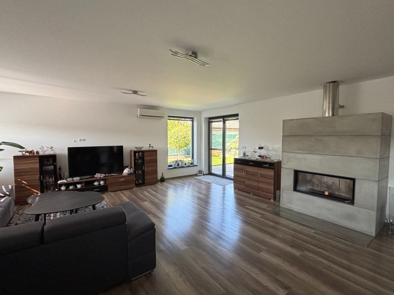 Living room in a family house with a sofa, television, fireplace, and wooden decor flooring.