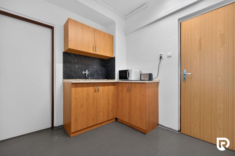 Office kitchenette with cabinets, sink, microwave, and toaster on a floor with a wood decor.