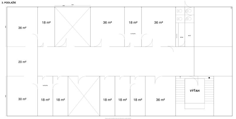 Floor plan of offices with an elevator and kitchenette. Office spaces of various sizes.