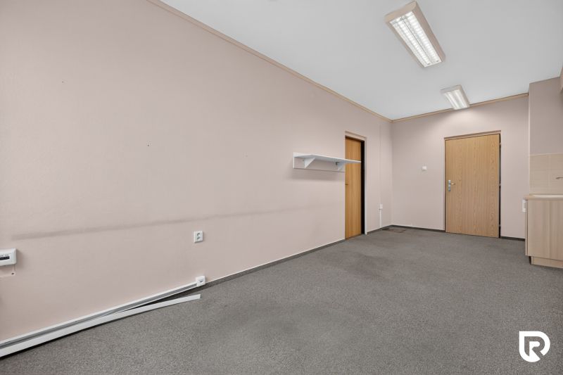 Offices with pinkish walls, gray carpet, wooden doors, wall shelf, and lighting.