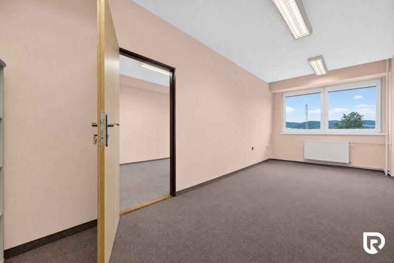 Offices with a view, carpet, pastel walls, lighting, window, radiator.