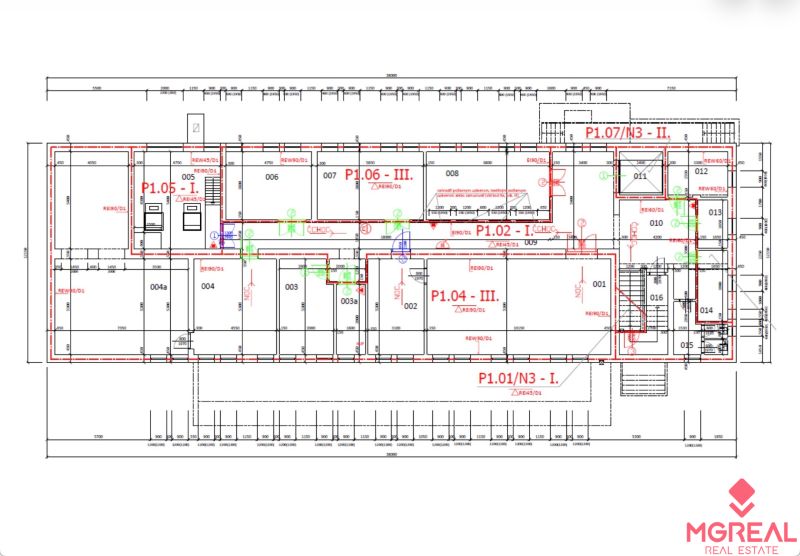 Floor plan of offices with details of various rooms and engineering networks.