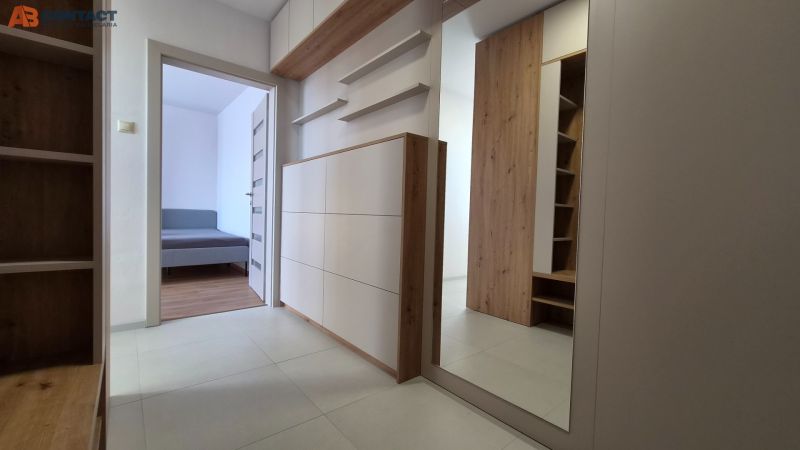 Interior with wood-patterned flooring and a mirror in a studio apartment.