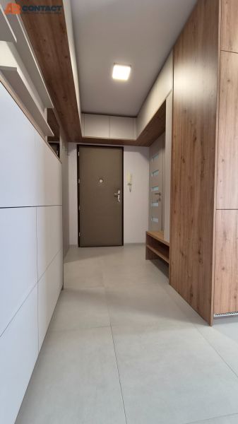A hallway in a one-room apartment with a wooden decor floor and storage space.