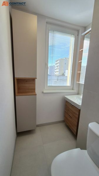Bathroom in a studio apartment with an elegant cabinet and a view through the window.