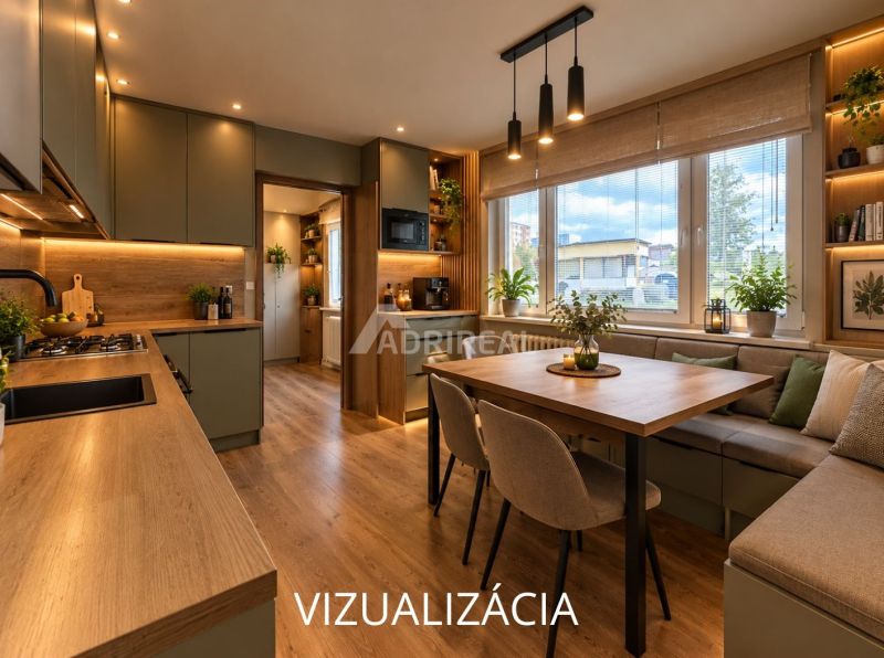 Kitchen and dining area in a studio apartment with a wood-patterned floor.
