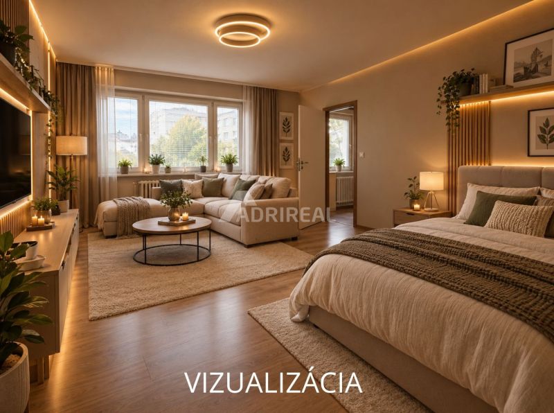 Elegant living room with comfortable furniture and wood-patterned flooring.