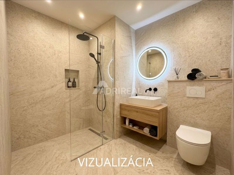 Bathroom in a studio apartment with a glass shower enclosure and a backlit mirror.