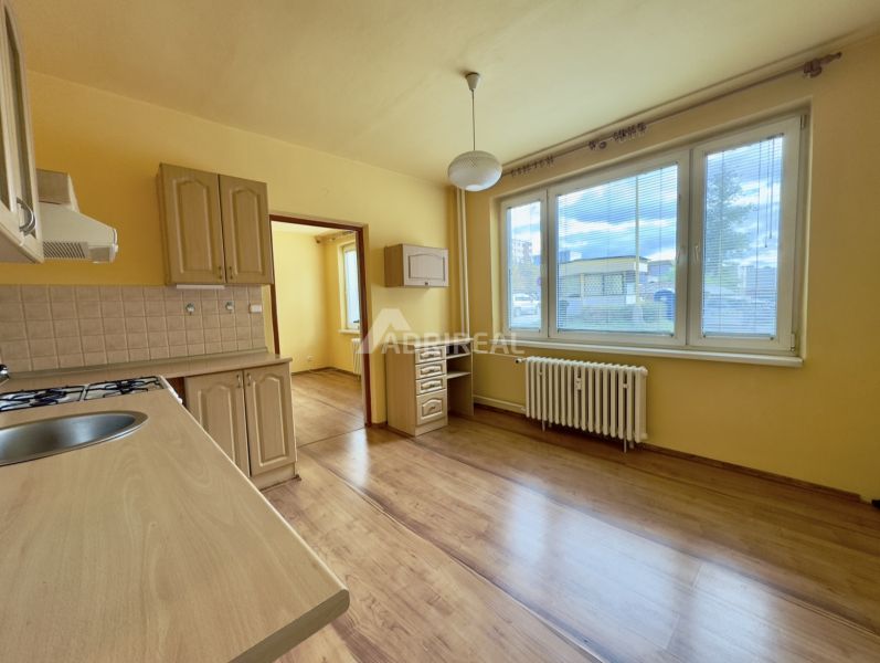 A kitchen with a wood-patterned floor, a countertop, and a large window in a studio apartment.