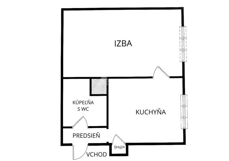 1-bedroom apartment layout with a kitchen, bathroom, and hallway.