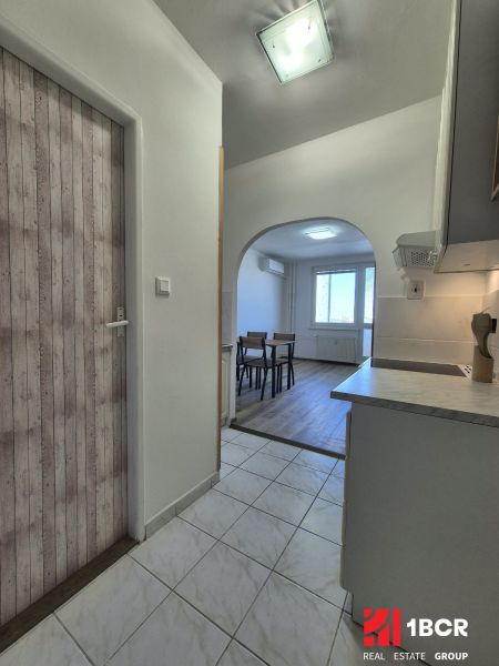 Studio apartment with a kitchen and wood-patterned flooring, leading to the dining room.