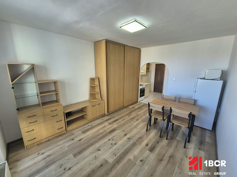 A studio apartment with a wooden floor, furniture, dining table, and kitchenette.