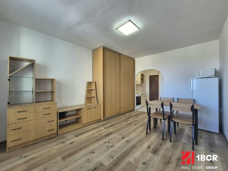 A studio apartment with a wooden floor, furniture, a dining table, and a built-in wardrobe.