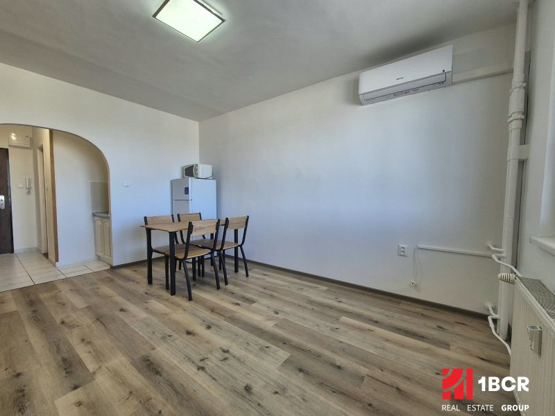 Studio apartment with wood-patterned flooring, dining table, air conditioning, simple furnishings.