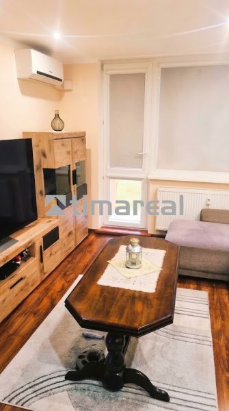 Living room in a 3-room apartment with a wooden decor floor, a sofa, and a television.