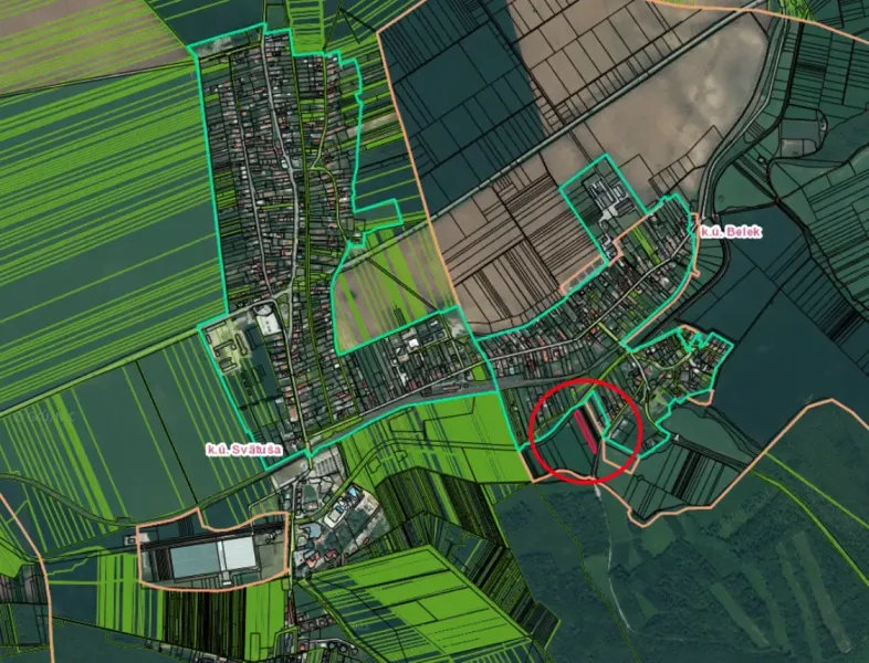 Map of agricultural and forest lands around Podhájska with color-coded areas.