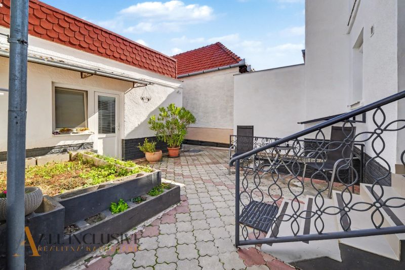 The courtyard of a family house in Trstice with a terrace and flower beds in pots.