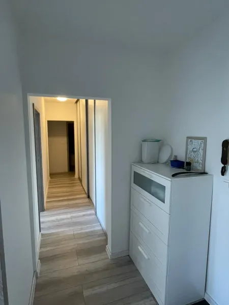 A hallway in a 2-room apartment with a white dresser and a floor with a wood design.