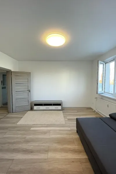 A bright living room in a two-room apartment with a wooden decor floor and a gray sofa.