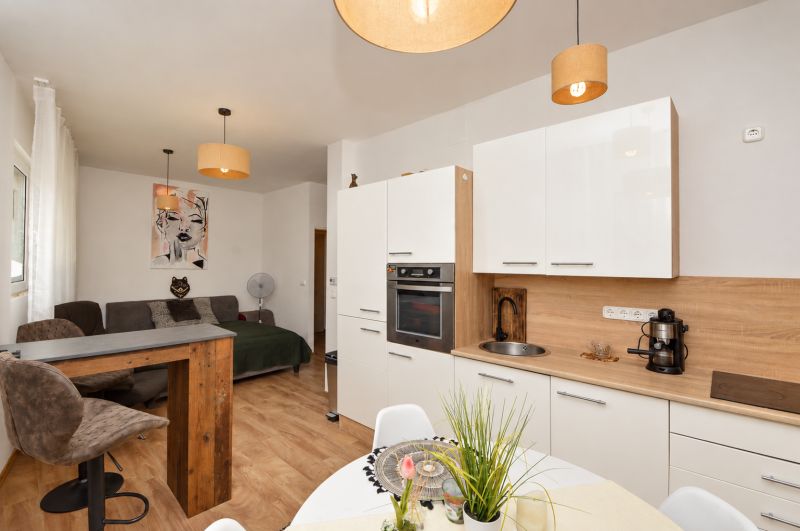 Interior of a 1-room apartment with a kitchen unit and a wooden decor floor.